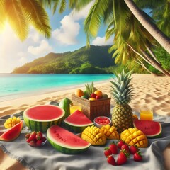 cocktail on the beach with trees happy  summer day concept with different fruits Generative Ai