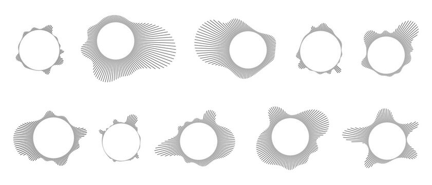 Music equalizer and sound wave. Circular sound waves, depicting audio music,icons and logos for equalizers, radial spectrum designs, ring patterns. Vector illustrations isolated on white background.