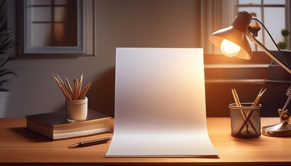 A blank white paper sheet illuminated by the soft glow of a desk lamp.