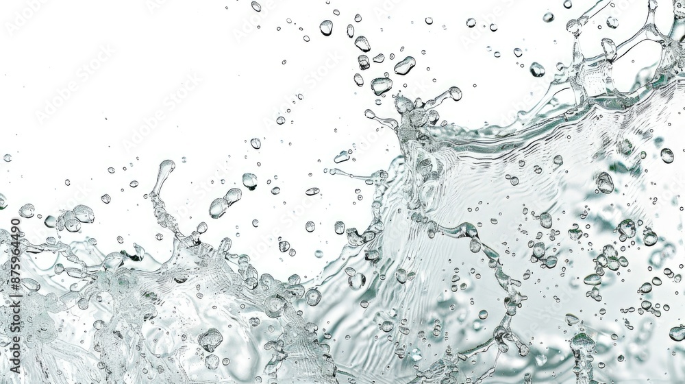 Poster water splashes displaying movement with air bubbles on a white background with empty space for text