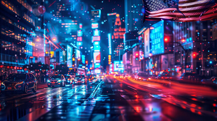 Fototapeta premium Futuristic city with blurred USA flag background