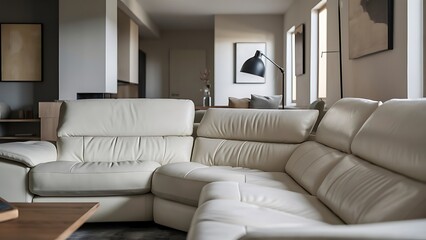 White leather corner sofa in a modern living room