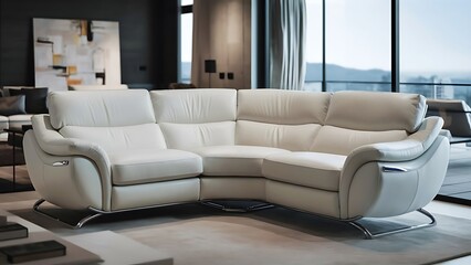 White leather corner sofa in a modern living room