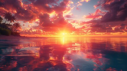 Stunning Tropical Beach Sunset with Vivid Colors Reflecting on Calm Ocean Water and Palms Silhouetted Against Dramatic Sky with Fluffy Cloudssunset