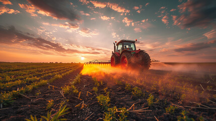 Fototapeta premium Tractor spraying fertilizer and pesticides on a field in the afternoon