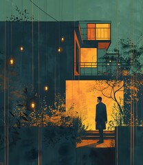 Man Standing in Front of a Modern House with Lights