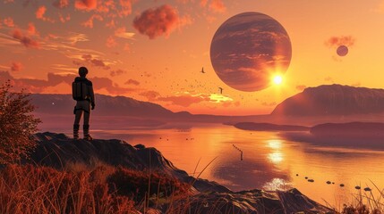 Obraz premium Solitary Figure Contemplating an Alien Sunset