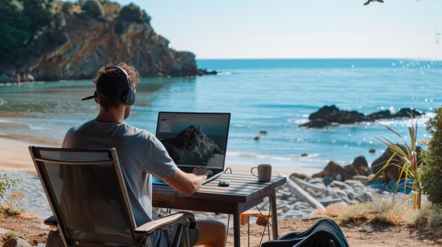 Man remote working at a desk with computer on the beach.