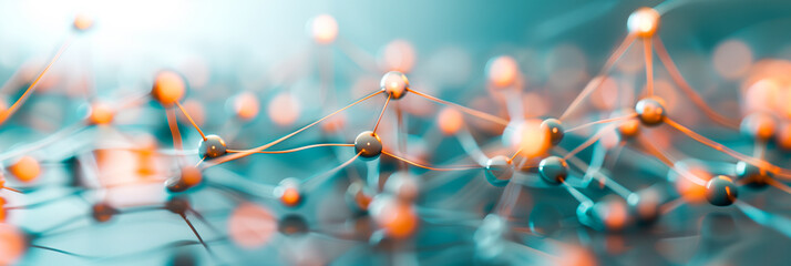 A close up of a bunch of small spheres connected by strings, creating a web-like pattern. Concept of complexity and interconnectedness. Size banner