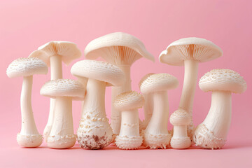 Close-up of white mushrooms against pastel pink background healthy eating concept