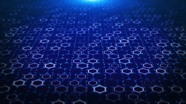 Futuristic High-tech hexagons honeycomb surface hexagonal grid pattern animation deep blue. Clean background. medical innovation animation hexagon. articles hex event game trailer titles