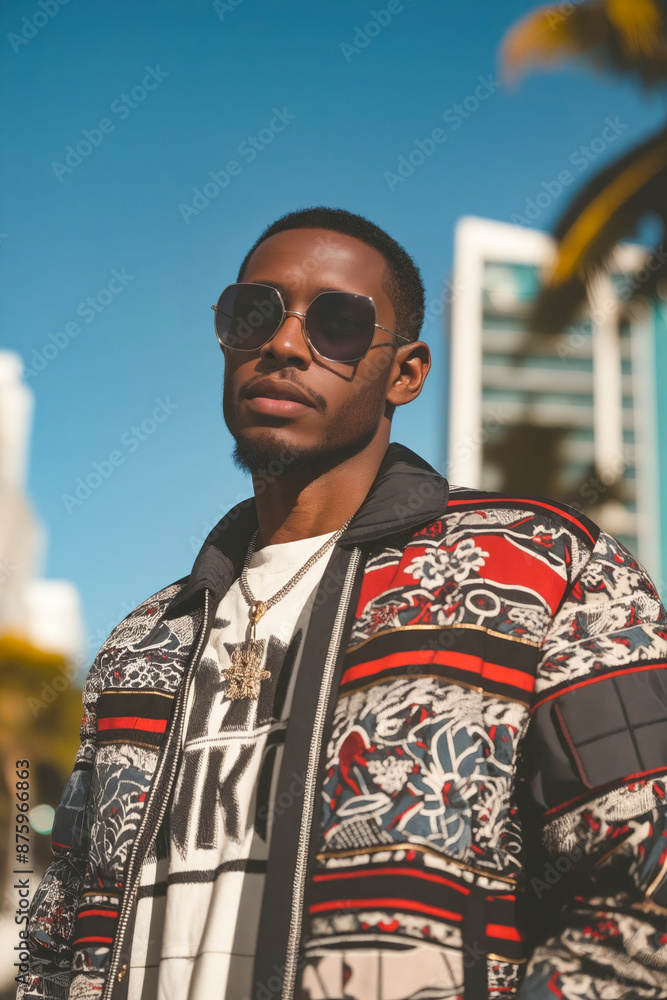 Canvas Prints a man wearing a jacket and sunglasses standing in front of a palm tree.