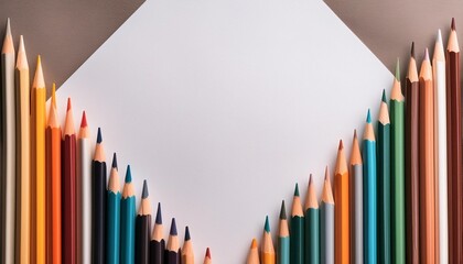 Top view of a blank white paper sheet with vibrant colored pencils lined up beside it.