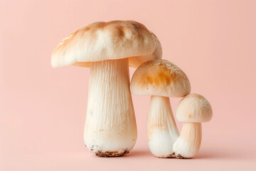 Fresh white mushrooms on pink background trio variety mushroom concept