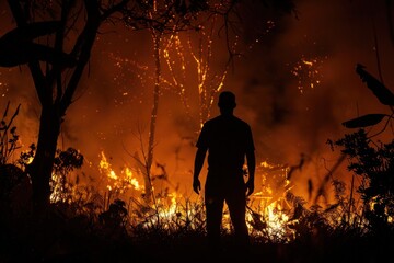Fototapeta premium a silhouette of a man person standing in front of a forest wildfire. woods and house burning