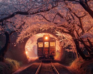 Naklejka premium Vintage train passing through a tunnel of blossoming cherry trees, with warm lights glowing at dusk, creating a magical atmosphere.