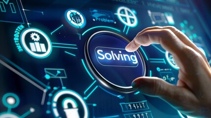 Business Continuous improvement  Lean Sigma  A business professional interacting with a futuristic digital interface displaying various icons like graphs