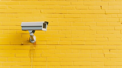 Modern CCTV camera installed on a bright yellow brick wall. The camera is silver in color and clearly contrasts with the background.