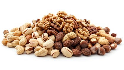 Obraz premium Assortment of mixed nuts on a white background, closeup, soft natural light, high detail