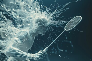 A side view of a 3D person with a head designed like a modern computer monitor, engaged in a game of badminton. The image captures the fluid motion and the contrast between the natural body and the