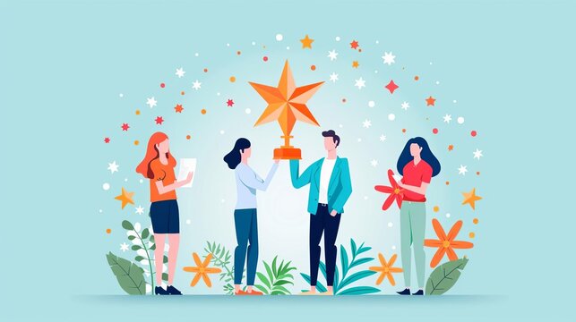 Employee of the month award, recognition ceremony, flat design illustration