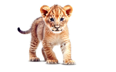 A baby lion cub is standing on a white background