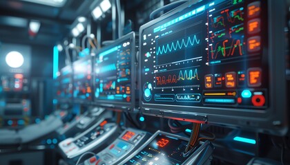 Obraz premium Medical monitors in ICU, vital signs, hightech equipment