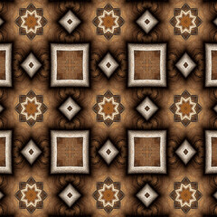 kaleidoscopic pattern with a rich, earthy brown and beige color palette, featuring intricate, symmetrical designs resembling interconnected geometric shapes and organic textures, 