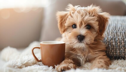 Puppy with coffee cup, white background, soft lighting, cozy scene