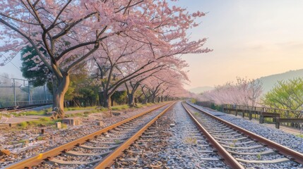 Footpath along a railway line cherry blossoms