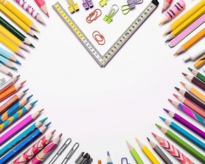 Fototapeta premium High-resolution image of school supplies in a Y layout on white, emphasizing the blend of education and creativity,