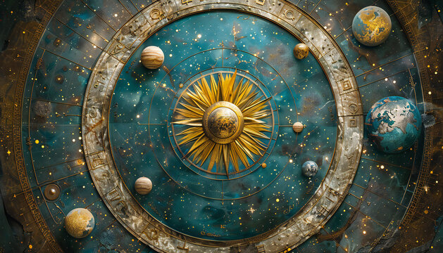 Recreation of planets and moons around the sun in a ancient scientific representation