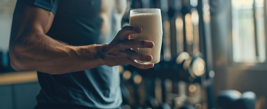 A fit person in a sports bra drinking a protein shake at the gym, with exercise equipment in the background.