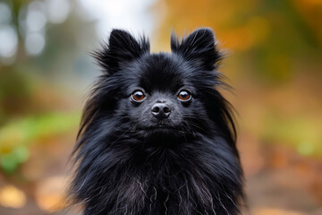 A black dog sitting in the middle of leaves