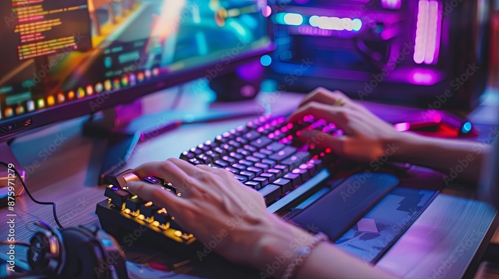 Poster close-up of hands typing on a keyboard with neon lights