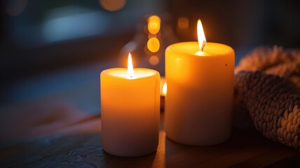 Lit candles placed on wooden surface with soft, warm lighting