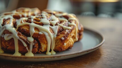 Glazed cinnamon rolls on plate, close-up view