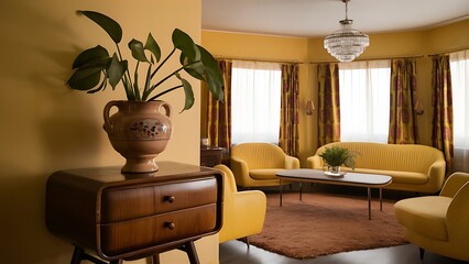 Green plants pottery vase on drawer wooden in empty yellow vintage living room interior