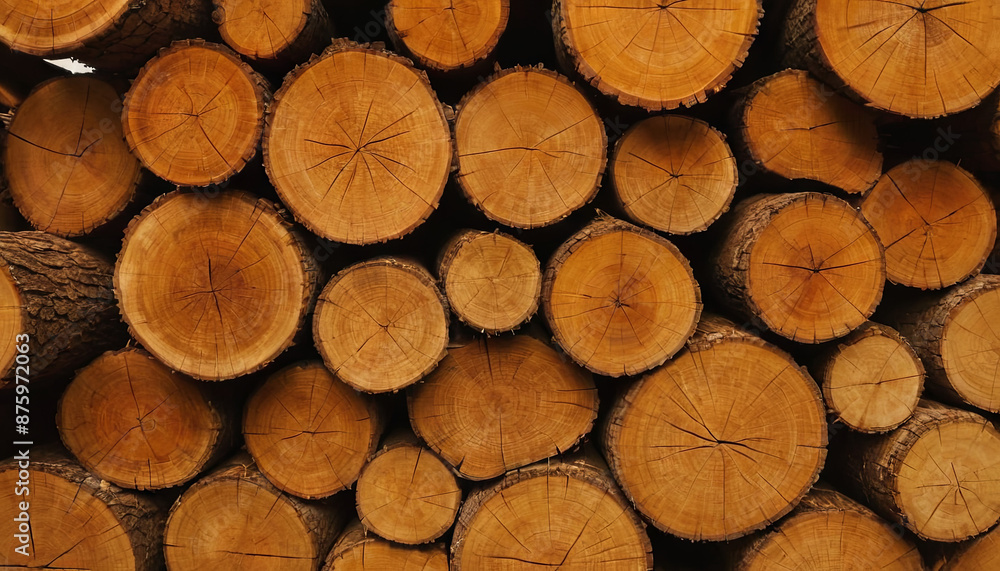 Poster a close-up view of stacked wood logs, revealing the intricate grain patterns within their cross-sect