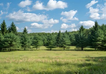 Fototapeta premium Green Meadow with Pine Trees Under Blue Sky
