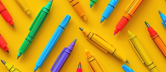 Multicolored Markers Pattern on Yellow Background, Educational Concept