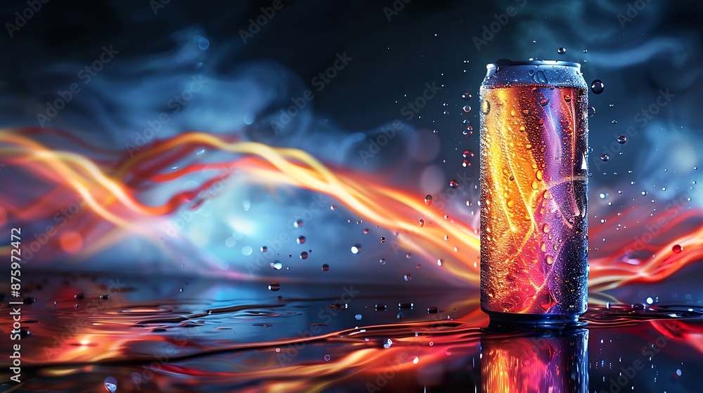 Poster a dynamic shot of a cold energy drink can with droplets of condensation, placed on a sleek reflectiv