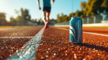 A focused shot of an energy drink can on a racing track, with blurred motion of a runner in the background, emphasizing speed and endurance.