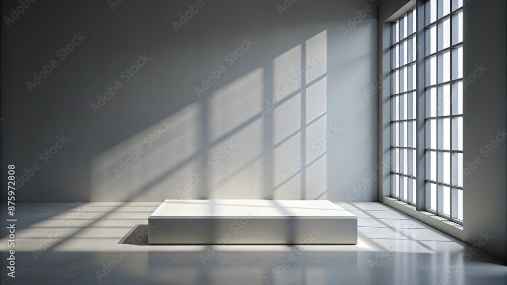 Aufkleber a white platform sits in a minimalist room with a large window. sunbeams stream through the window, 