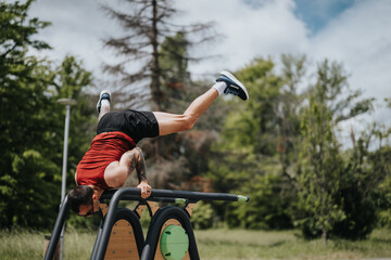 A fit man doing an advanced inverted workout on a sunny day in a public park, demonstrating...