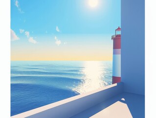 Light house slightly positioned on the right side of the center and looking clean simple design with cerulean blue and bright sky