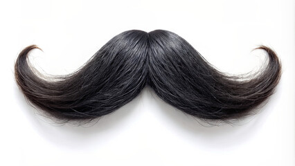 A close-up of a black hair mustache isolated against a white backdrop