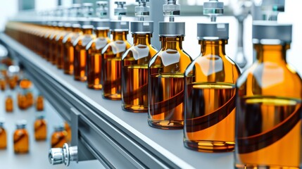 Sterile bottles on the production line conveyor of the pharmaceutical industry