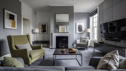 Contemporary grey living room with green armchair
