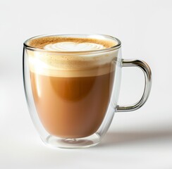 Front view one glass cup with handles filled with cortado in white background product photography